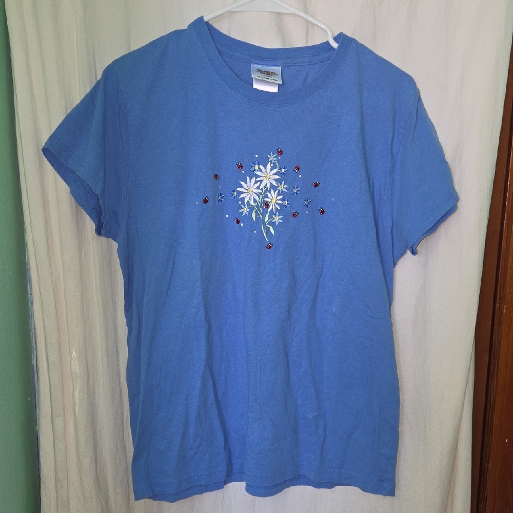 Vintage 90s Y2k Sparkly Embroidered Floral Ladybug T Shirt